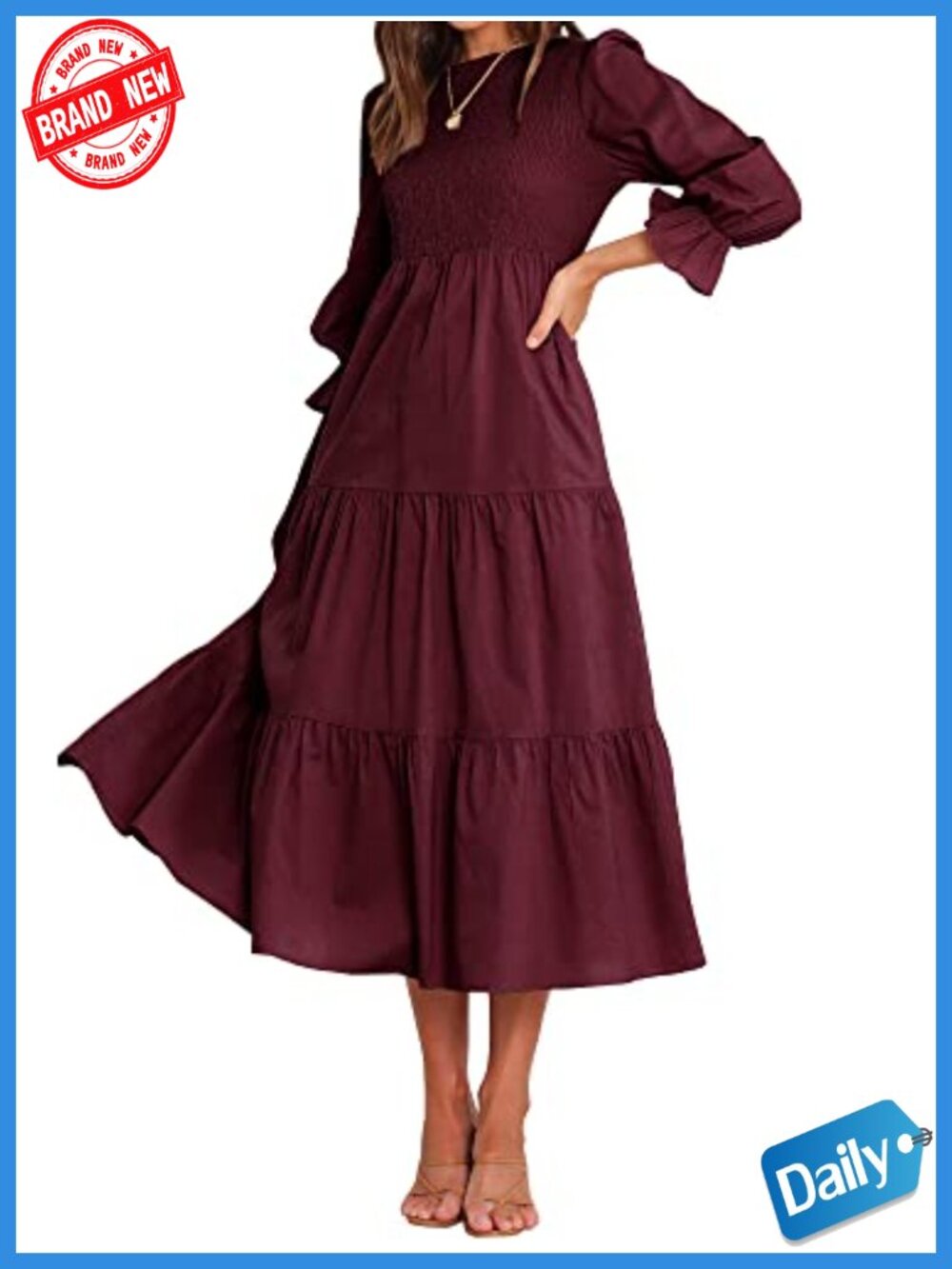 Women's Maxi Dress Long Sleeve Crew Neck Ruffle Hem Tiered Bohemian Flowy